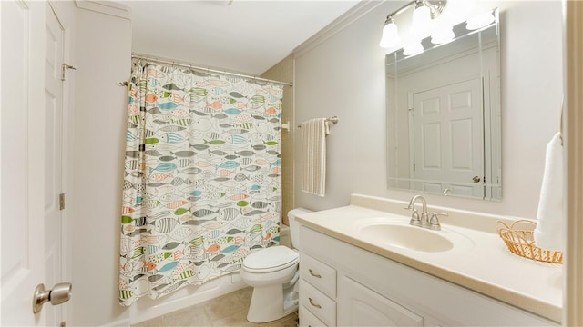 bathroom with tile patterned flooring, vanity, toilet, and ornamental molding