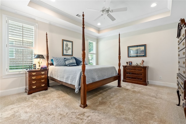 554 Arbor Dr, Auburn, AL 36830 - bedroom featuring ornamental molding, a raised ceiling, light colored carpet, ceiling fan, and recessed lighting