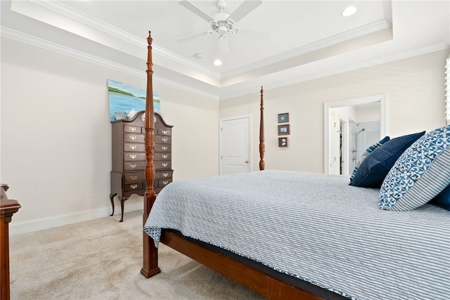 554 Arbor Dr, Auburn, AL 36830 - bedroom with light carpet, a raised ceiling, crown molding, recessed lighting, and ceiling fan