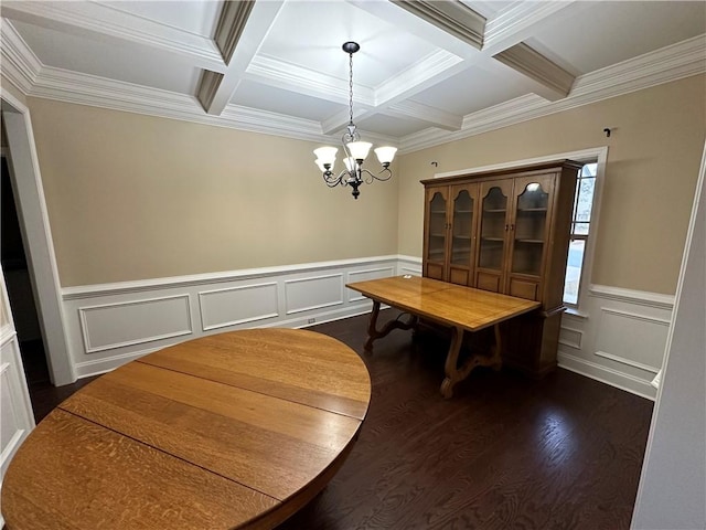 dining space with coffered ceiling, an inviting chandelier, dark hardwood / wood-style flooring, beamed ceiling, and crown molding