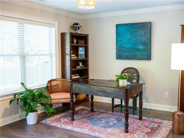 2457 Snowshill Ln, Auburn, AL 36832 - office featuring baseboards, wood finished floors, and ornamental molding