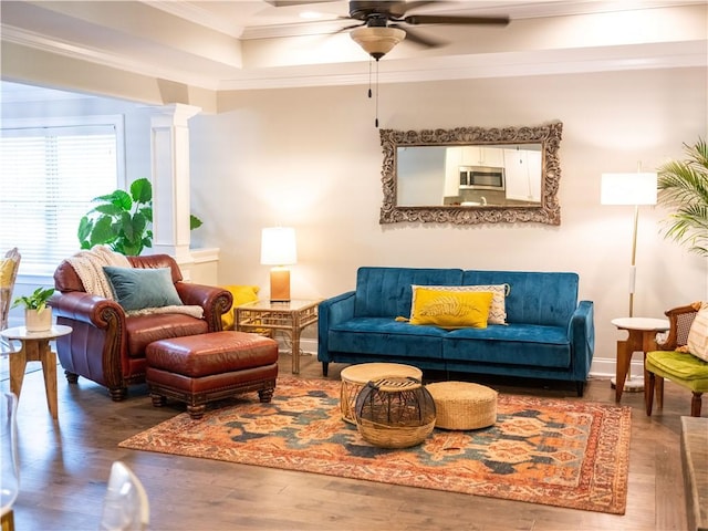 2457 Snowshill Ln, Auburn, AL 36832 - living area with wood finished floors, ornamental molding, ceiling fan, and a tray ceiling