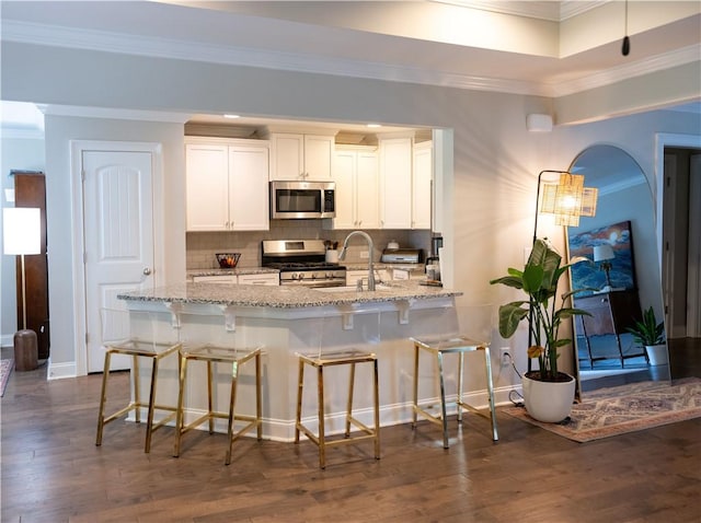 2457 Snowshill Ln, Auburn, AL 36832 - kitchen with appliances with stainless steel finishes, a sink, ornamental molding, backsplash, and light stone countertops