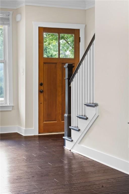 650 Dekalb St Unit 1130, Auburn, AL 36830 - foyer entrance with crown molding, stairs, and dark wood finished floors