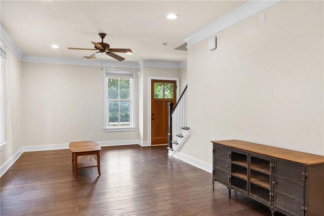 650 Dekalb St Unit 1130, Auburn, AL 36830 - entrance foyer featuring ceiling fan, stairway, crown molding, dark wood-type flooring, and recessed lighting