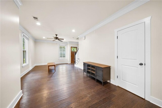 650 Dekalb St Unit 1130, Auburn, AL 36830 - empty room featuring hardwood / wood-style flooring, ornamental molding, ceiling fan, recessed lighting, and stairs