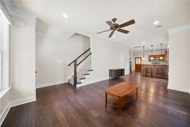 650 Dekalb St Unit 1130, Auburn, AL 36830 - living room featuring crown molding, a ceiling fan, dark wood finished floors, stairs, and recessed lighting