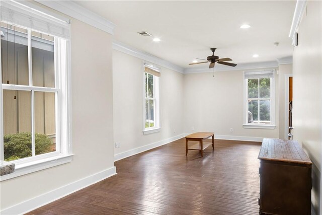 650 Dekalb St Unit 1130, Auburn, AL 36830 - unfurnished room with plenty of natural light, ornamental molding, a ceiling fan, dark wood-style floors, and recessed lighting