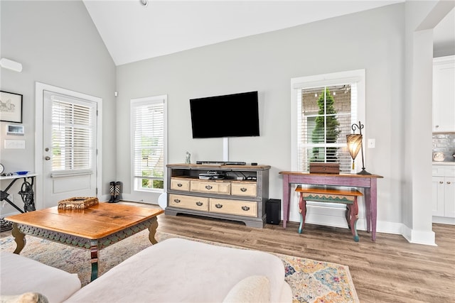 1242 Burrow Cir, Opelika, AL 36801 - living area featuring wood finished floors, baseboards, and high vaulted ceiling