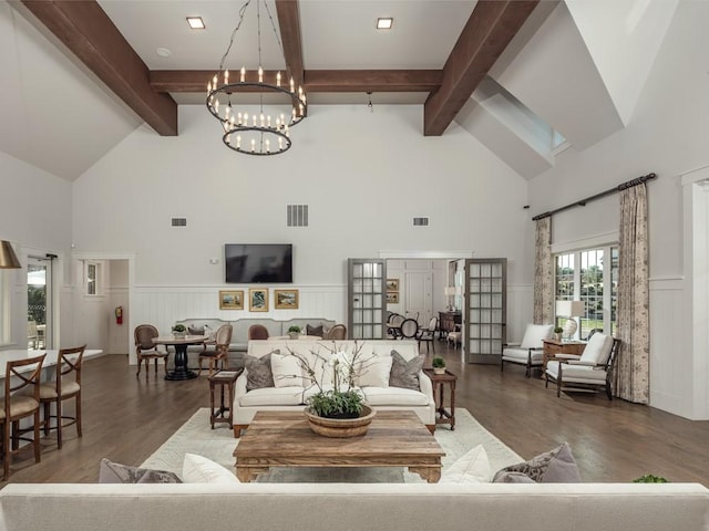 living room with high vaulted ceiling, beamed ceiling, visible vents, wood finished floors, and wainscoting