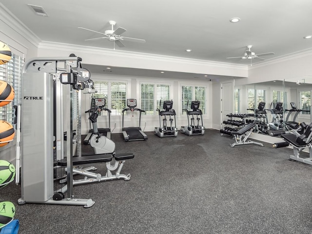 exercise room with ornamental molding, ceiling fan, recessed lighting, and visible vents