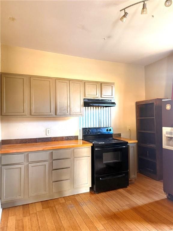 kitchen featuring gray cabinetry, electric range, light hardwood / wood-style flooring, and wood counters