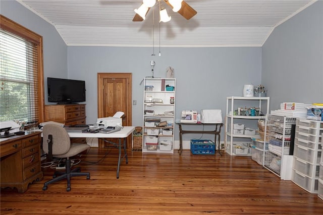 office area with crown molding, a ceiling fan, and wood finished floors