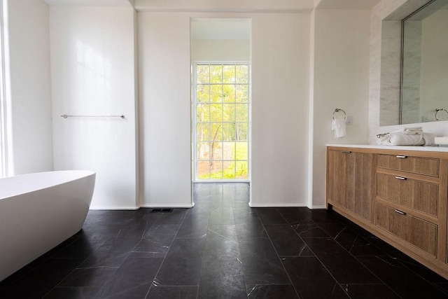 bathroom with a washtub and vanity