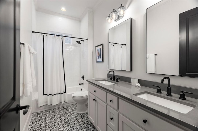 full bathroom with vanity, crown molding, tile patterned flooring, toilet, and shower / bathtub combination with curtain