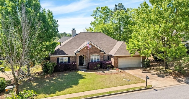 1817 Roanoke Ln, Auburn, AL 36830 - traditional-style house with concrete driveway, brick siding, a garage, a front lawn, and a chimney