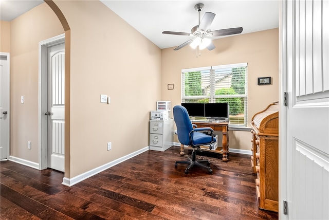 704 Lori Ln, Opelika, AL 36804 - office with arched walkways, dark wood-style flooring, a ceiling fan, and baseboards