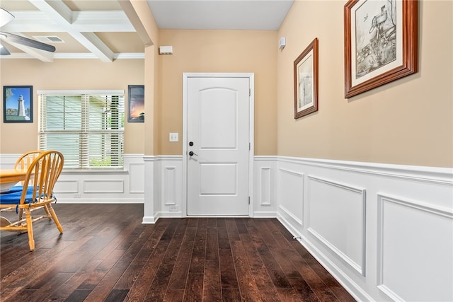 704 Lori Ln, Opelika, AL 36804 - foyer featuring beamed ceiling, dark wood-type flooring, wainscoting, a decorative wall, and a ceiling fan
