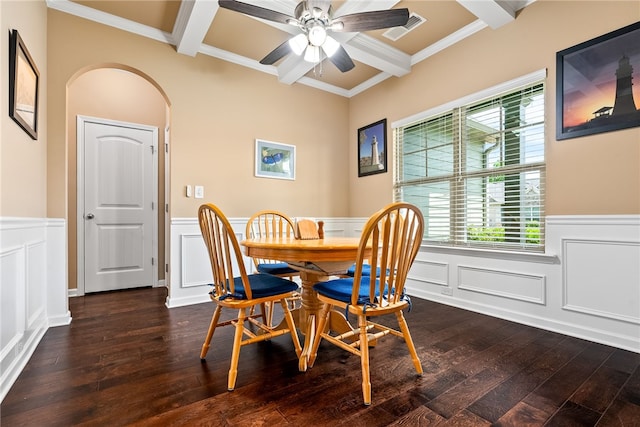 704 Lori Ln, Opelika, AL 36804 - dining space featuring beam ceiling, dark wood-style flooring, a wainscoted wall, arched walkways, and ceiling fan