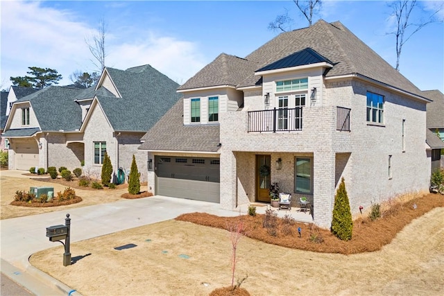 french country style house featuring concrete driveway, brick siding, a balcony, and roof with shingles