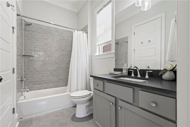 full bathroom featuring shower / tub combo, toilet, ornamental molding, tile patterned flooring, and vanity