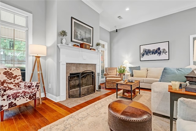 1939 Windway Rd, Auburn, AL 36830 - living room featuring ornamental molding, a fireplace, wood finished floors, baseboards, and recessed lighting