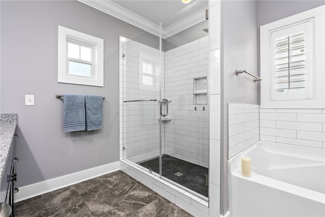 bathroom featuring ornamental molding, plus walk in shower, and vanity