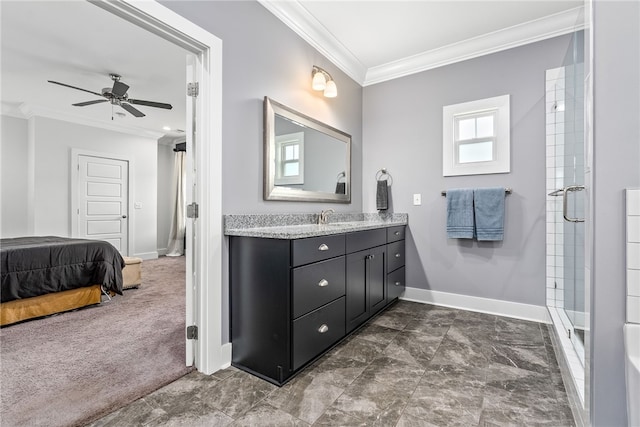bathroom with ceiling fan, ornamental molding, vanity, and a shower
