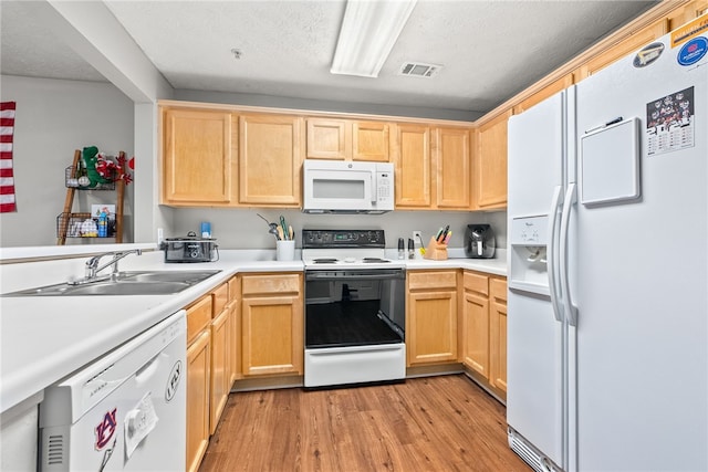 kitchen featuring light brown cabinetry, light wood-type flooring, white appliances, a textured ceiling, and sink