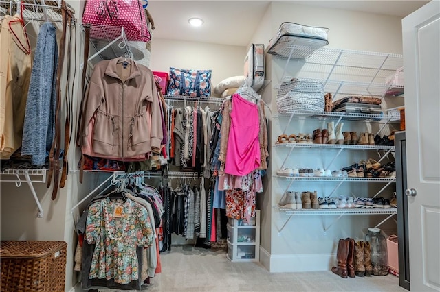 walk in closet featuring carpet flooring