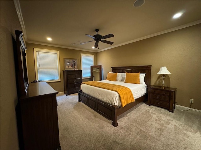 1336 Gatewood Dr, Auburn, AL 36830 - bedroom with light colored carpet, baseboards, recessed lighting, crown molding, and ceiling fan
