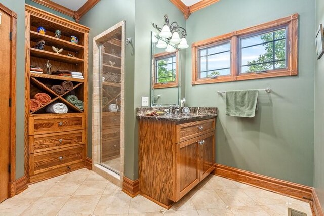 14699 Lee Road 188, Waverly, AL 36879 - full bathroom with crown molding, a shower stall, baseboards, and vanity