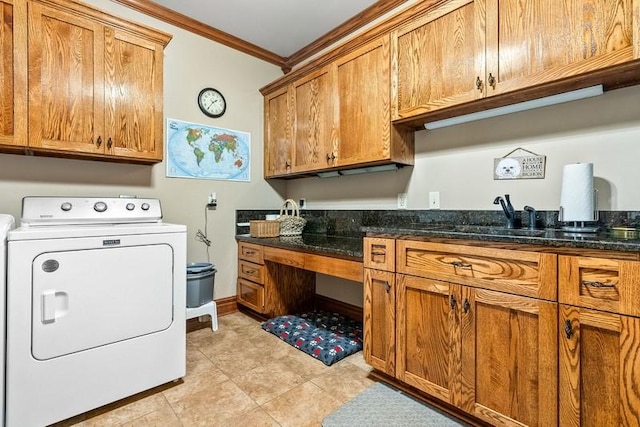 14699 Lee Road 188, Waverly, AL 36879 - washroom with washer / dryer, light tile patterned floors, cabinet space, ornamental molding, and a sink