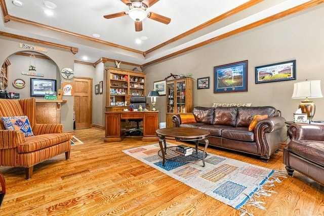 14699 Lee Road 188, Waverly, AL 36879 - living area with ceiling fan, a tray ceiling, wood finished floors, and ornamental molding