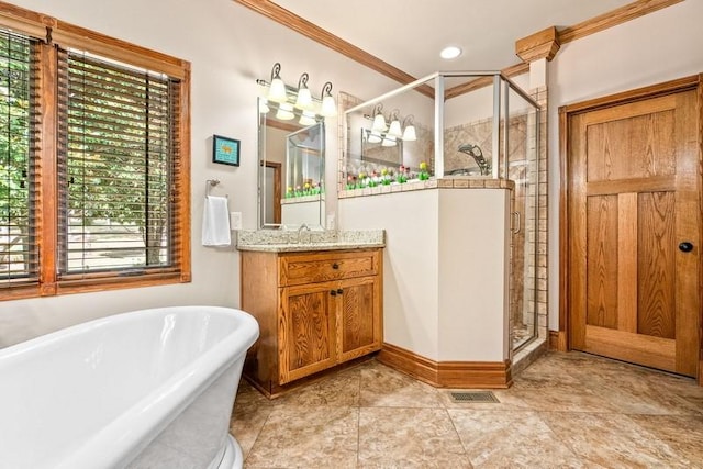 14699 Lee Road 188, Waverly, AL 36879 - full bath with a stall shower, ornamental molding, a soaking tub, and vanity