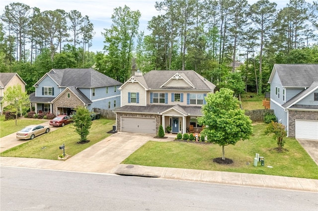 craftsman house featuring fence, a front lawn, concrete driveway, an attached garage, and a porch