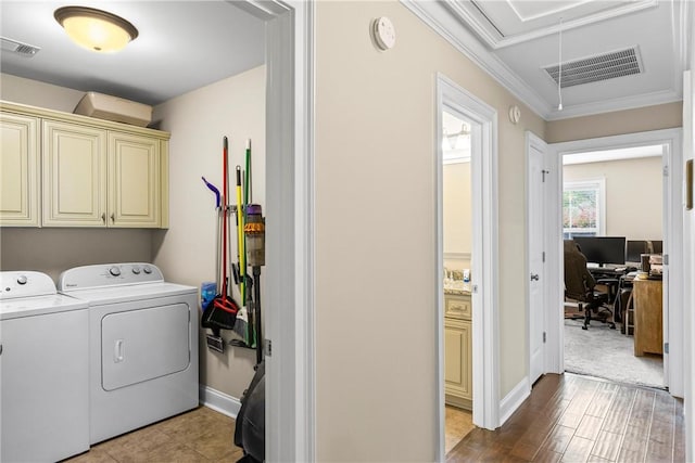 661 Deer Run Rd, Auburn, AL 36832 - laundry area featuring cabinet space, washer and clothes dryer, attic access, crown molding, and an office area