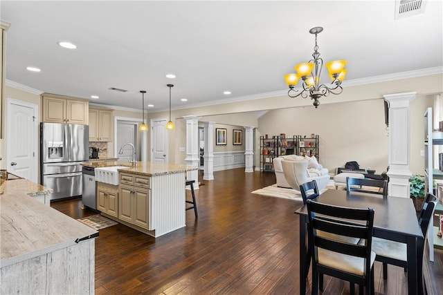 661 Deer Run Rd, Auburn, AL 36832 - dining space with ornate columns, ornamental molding, a chandelier, dark wood-style floors, and recessed lighting