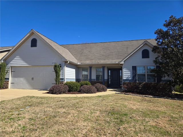 ranch-style house with a front yard, concrete driveway, and an attached garage