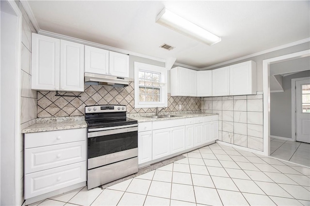 kitchen with white cabinetry, under cabinet range hood, stainless steel electric stove, and visible vents