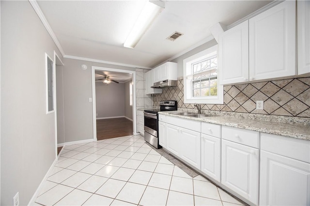 kitchen featuring electric range, visible vents, under cabinet range hood, white cabinets, and a sink