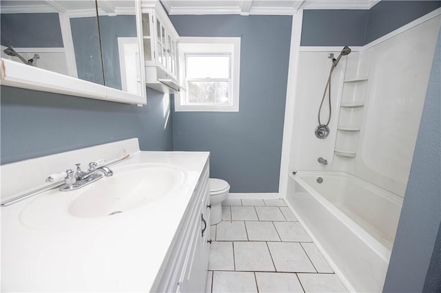 full bath featuring baseboards, toilet, tile patterned flooring, shower / tub combination, and vanity