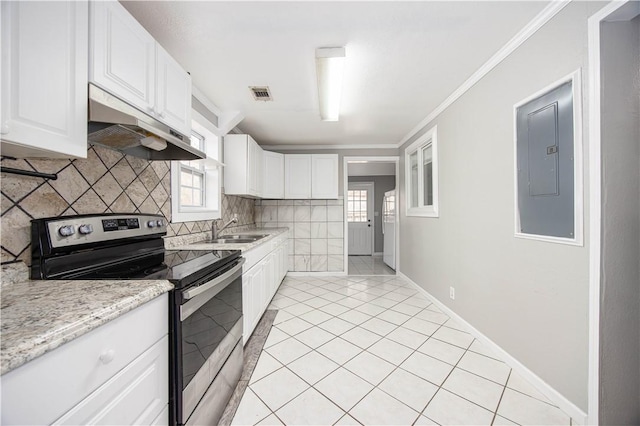 kitchen with under cabinet range hood, electric stove, visible vents, white cabinetry, and a sink