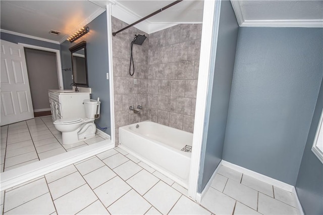 bathroom featuring tile patterned flooring, toilet, ornamental molding, and visible vents