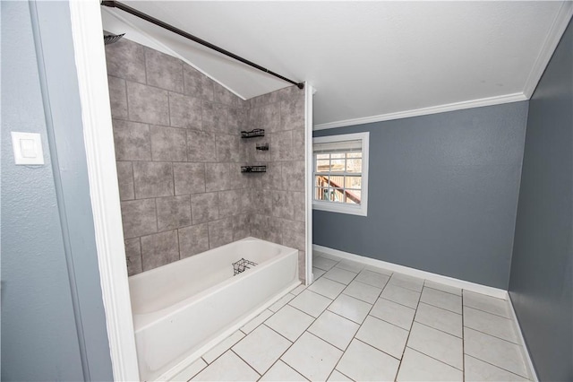 full bath featuring shower / bathtub combination, baseboards, ornamental molding, and tile patterned flooring