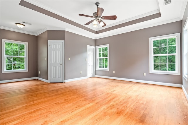 1806 Bluestone Ct, Auburn, AL 36830 - empty room with light wood-style flooring, plenty of natural light, ornamental molding, baseboards, and a tray ceiling