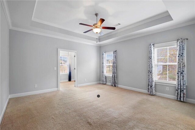 unfurnished room featuring a tray ceiling, ceiling fan, and crown molding