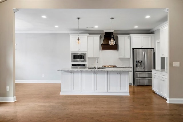 kitchen with white cabinetry, stainless steel appliances, light stone counters, decorative light fixtures, and custom range hood