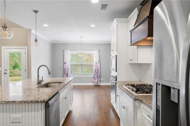 kitchen with white cabinetry, sink, a kitchen island with sink, and appliances with stainless steel finishes