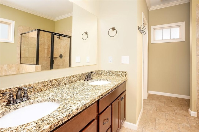 1931 Sequoia Dr, Auburn, AL 36879 - full bath with ornamental molding, double vanity, a stall shower, and stone finish flooring